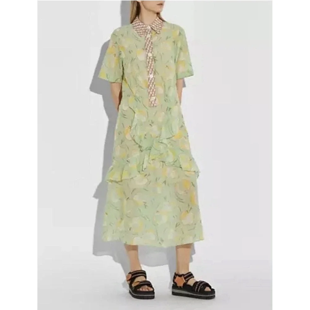 Coach Apple Print Cotton Cupro Ruffle Shirt Dress Sage Green Teacher Size 2 $700